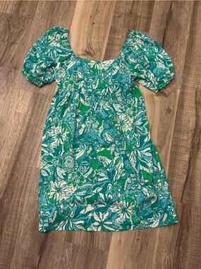 Lilly Pulitzer Teal, White & Green Floral Puff Sleeve Dress